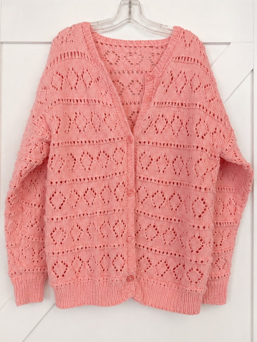 Vintage Hand Knit Cardigan | Size L/XL |  Blush Pink Cottagecore Sweater